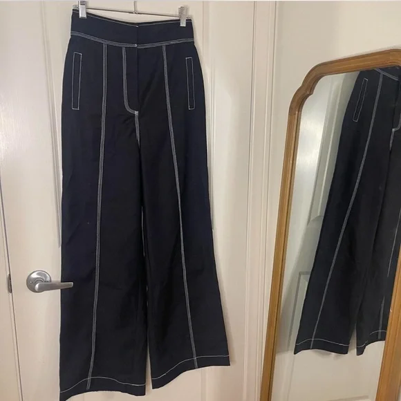 Acler Black Wide Leg Pants with White Stitching - Picture 3 of 8